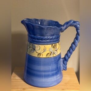 Tabletops Gallery Emilia Hand Painted Blue and Yellow Ceramic Pitcher